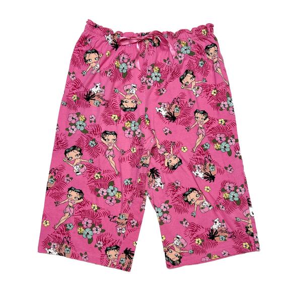 Betty Boop Y2K Pajama Capri Pants Pink Tropical Floral Cropped Ruffled Women's M - Picture 1 of 7